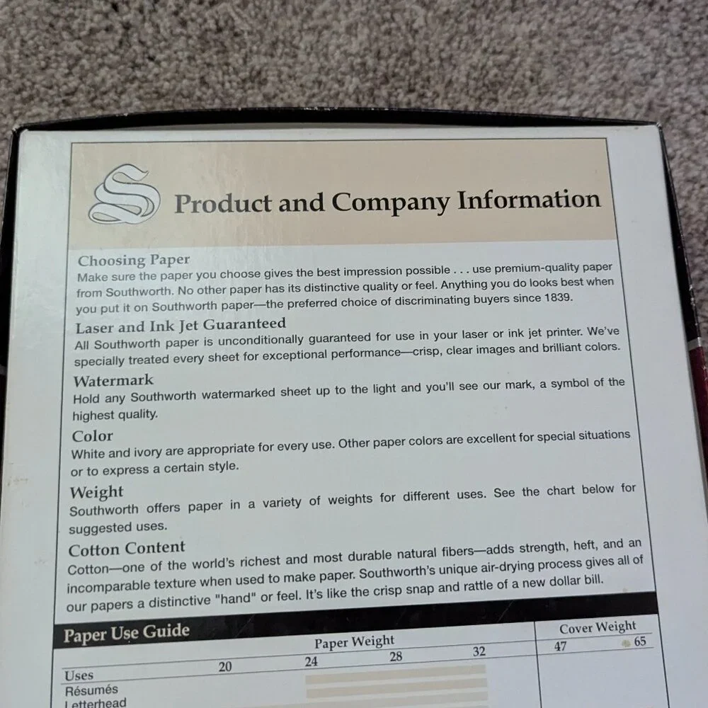 NIB Southworth 100% Cotton Fiber Bond Paper White 250 Sheets